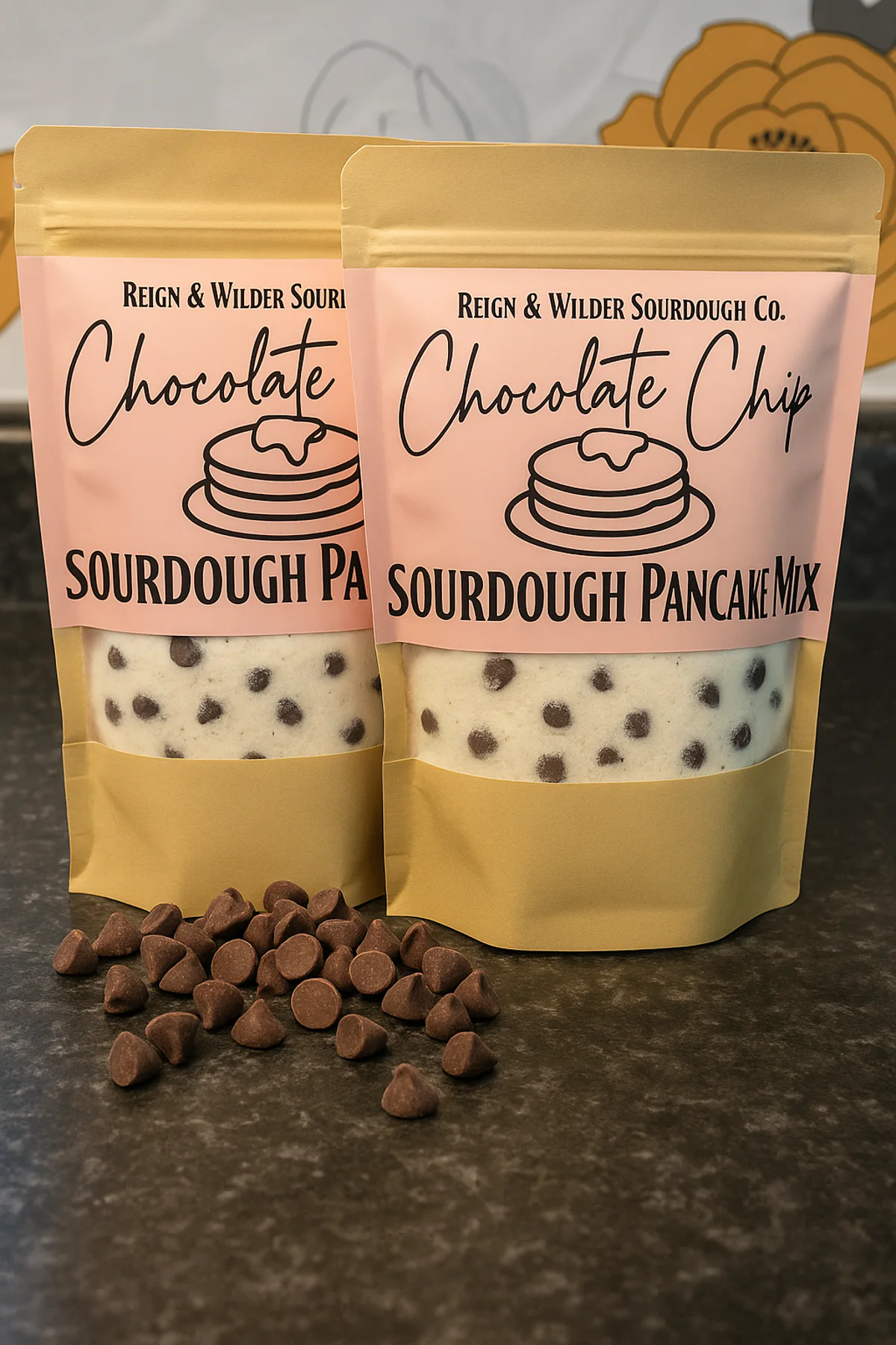 Chocolate chip pancake mix from Reign and Wilder
