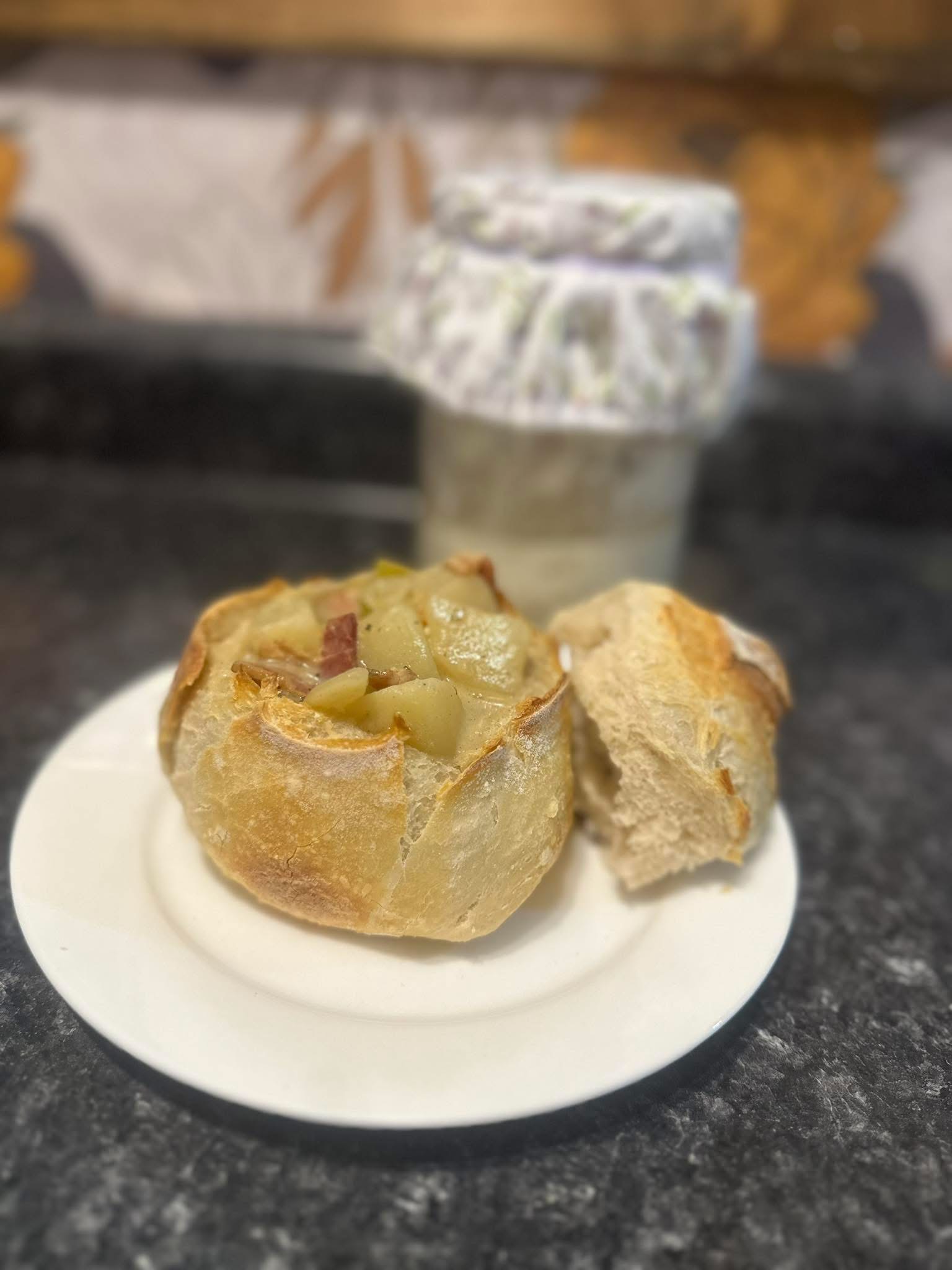 Sourdough bread bowls with soup from Reign and Wilder
