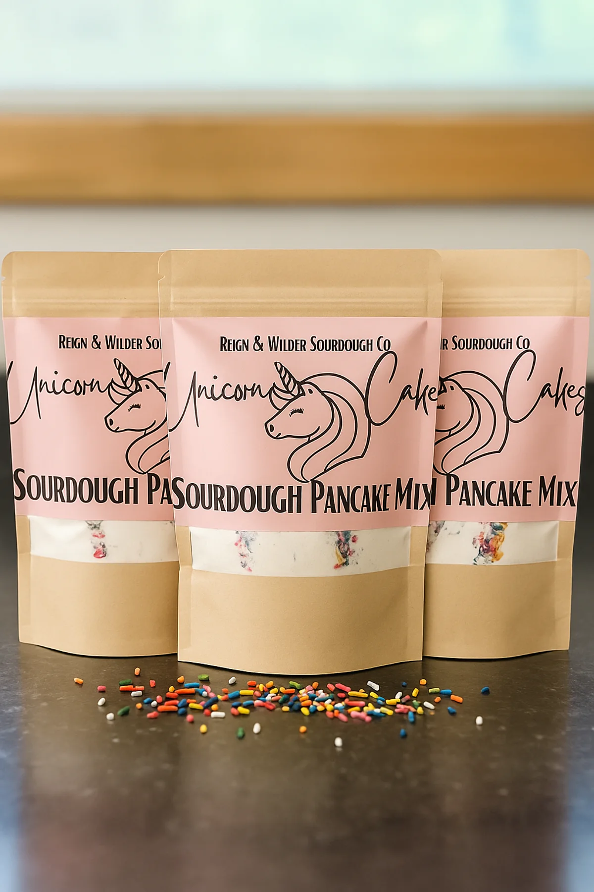 Unicorn sprinkle pancake mix from Reign and Wilder